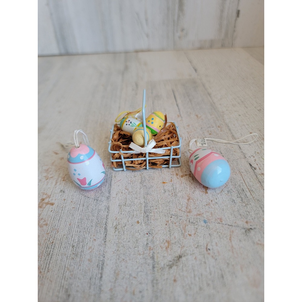 Vintage Easter basket egg mini pastel ornament spring wooden set home decor